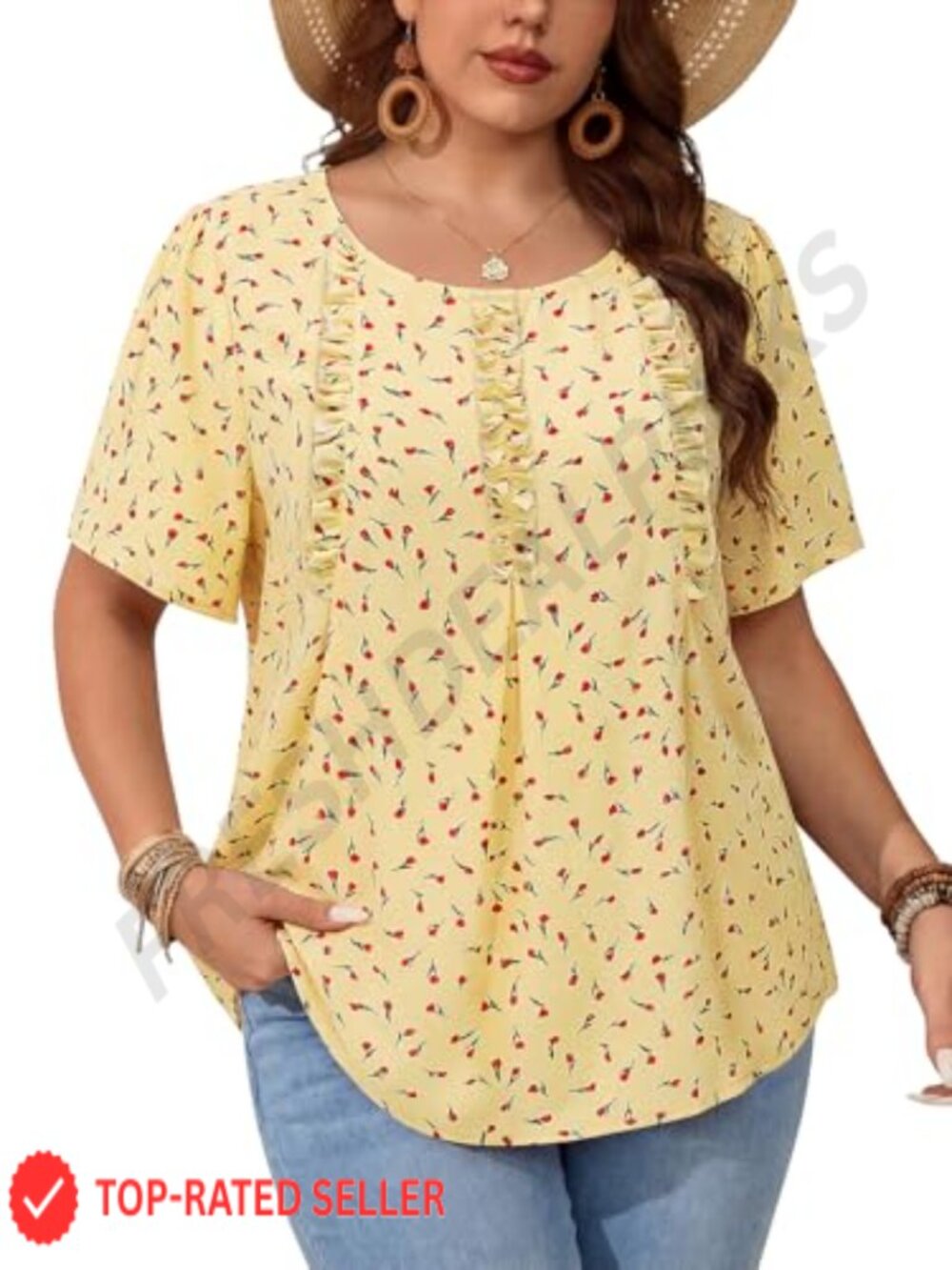 Womens Plus Size Tunic Top Short Sleeve Ruffle Crew Neck Boho Blouse